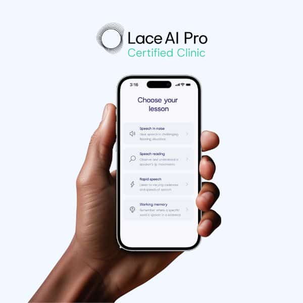 holding a cellphone that's running the Lace AI program