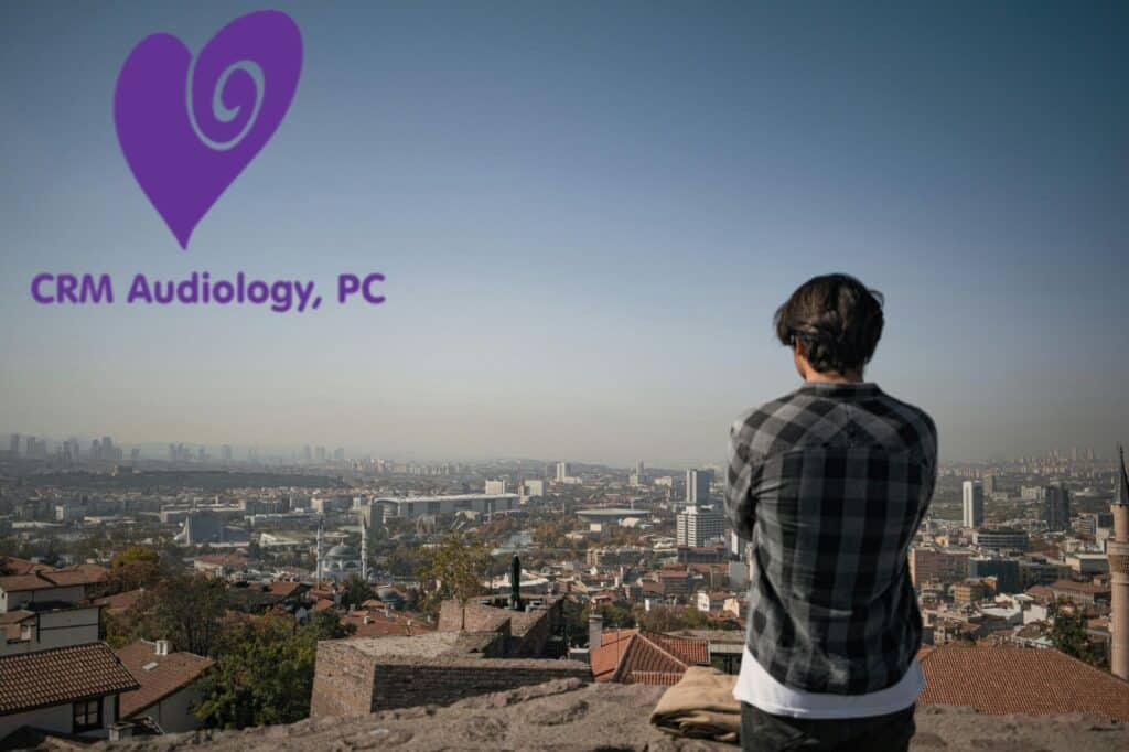 a man on a hill overlooking a busy city