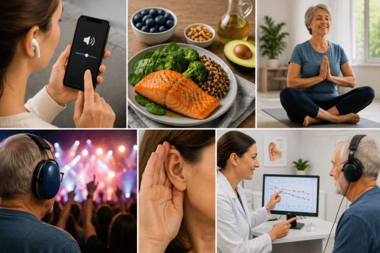 A collage of healthy hearing habits featuring a person adjusting headphone volume on a smartphone, nutritious foods, yoga and exercise, ear protection at a concert, attentive listening, and a hearing test consultation with a hearing care professional.