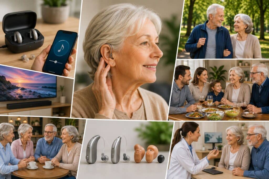 A collage of older adults seamlessly incorporating modern hearing aids into their daily lives, including enjoying family meals, social gatherings, outdoor walks, consultations with hearing care professionals, entertainment at home, and using advanced hearing technology for clearer communication and greater independence.