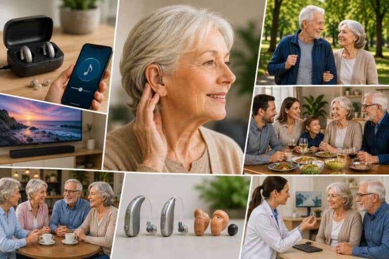 A collage of older adults seamlessly incorporating modern hearing aids into their daily lives, including enjoying family meals, social gatherings, outdoor walks, consultations with hearing care professionals, entertainment at home, and using advanced hearing technology for clearer communication and greater independence.