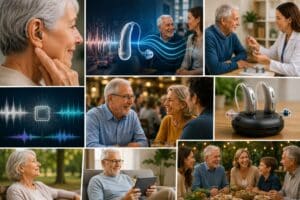 A collage illustrating digital noise cancellation in modern hearing aids, featuring older adults enjoying conversations in busy environments, close-up views of advanced hearing aids, hearing aid fittings with an audiologist, sound wave visualizations, and comfortable communication in restaurants, family gatherings, and everyday settings.