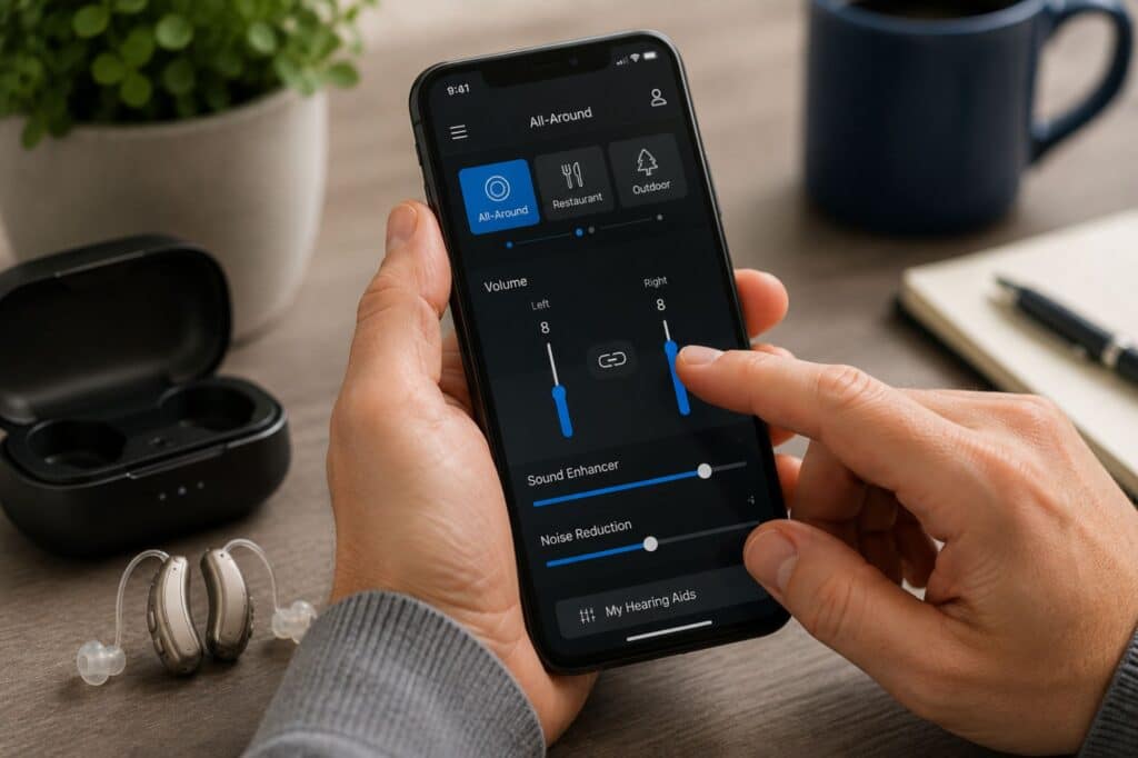 A person using a smartphone app to adjust settings on a pair of Bluetooth-enabled hearing aids, with the hearing aids and charging case displayed on a nearby table, illustrating wireless hearing aid control and smartphone connectivity.
