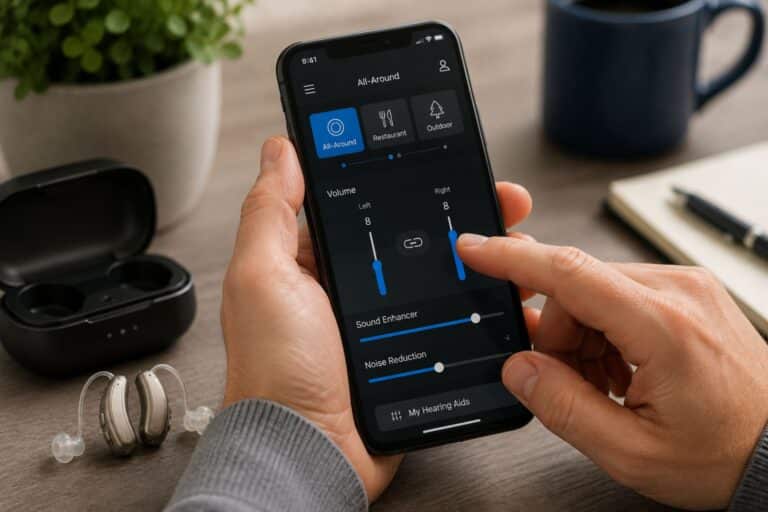 A person using a smartphone app to adjust settings on a pair of Bluetooth-enabled hearing aids, with the hearing aids and charging case displayed on a nearby table, illustrating wireless hearing aid control and smartphone connectivity.