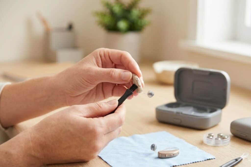 A close-up of a person's hands using a small cleaning brush to maintain a beige behind-the-ear hearing aid at a wooden desk.