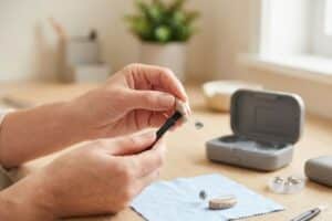 A close-up of a person's hands using a small cleaning brush to maintain a beige behind-the-ear hearing aid at a wooden desk.