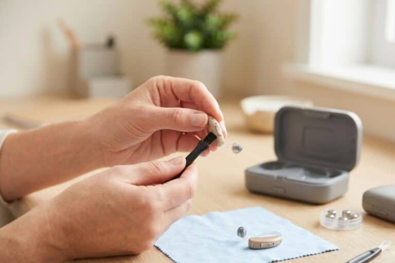 A close-up of a person's hands using a small cleaning brush to maintain a beige behind-the-ear hearing aid at a wooden desk.